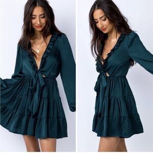 NWT Princess Polly Dark Teal Randi Ruffle Tie Front Mini Dress Sz 0